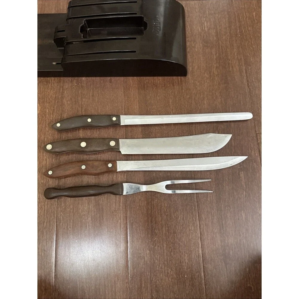 Vtg 4 Pc CUTCO Knife Set 22, 23, 24, 27 Brown Handles With Knife Holder READ